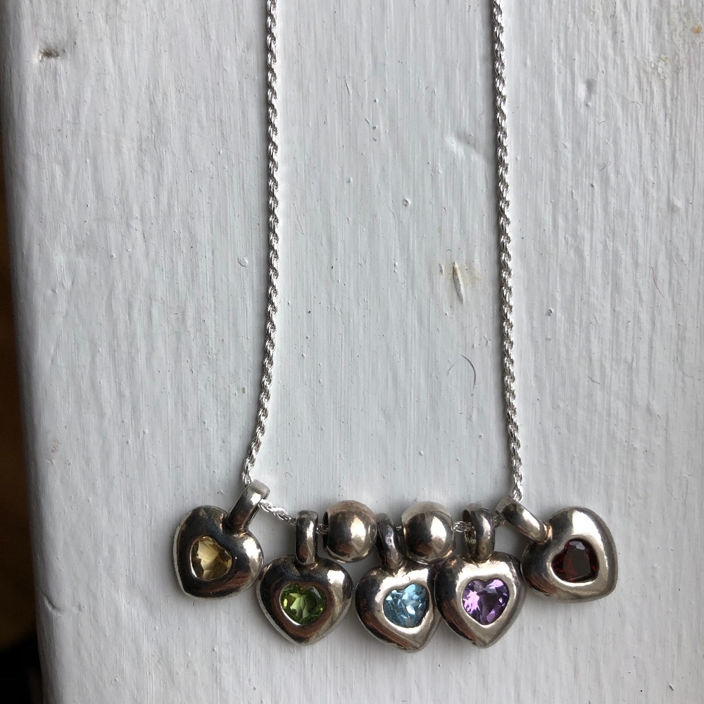 Genuine Gemstone & Sterling Silver Hearts Necklace